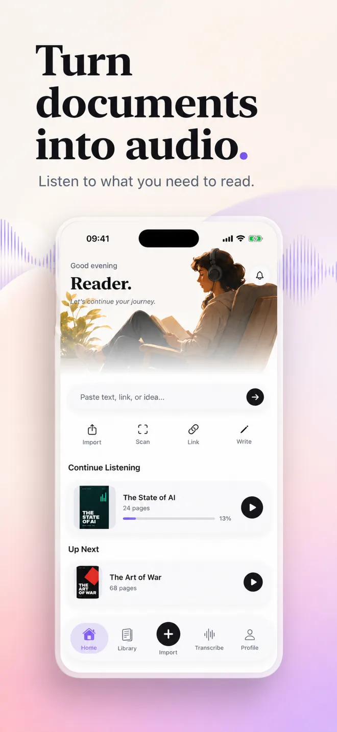 Turn documents into audio. The Mirent home screen, with a part-finished report waiting under Continue Listening.