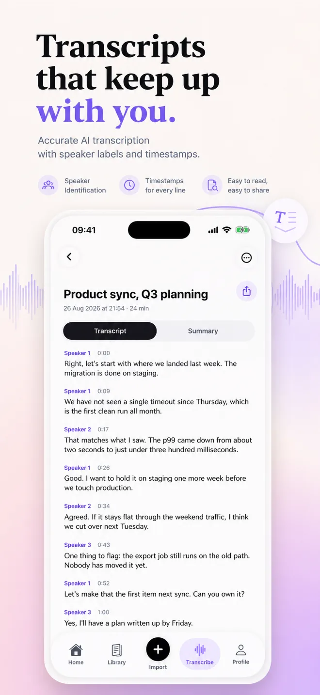 Transcripts that keep up with you. Accurate AI transcription with speaker labels and timestamps. A meeting transcript with speaker names and time codes.