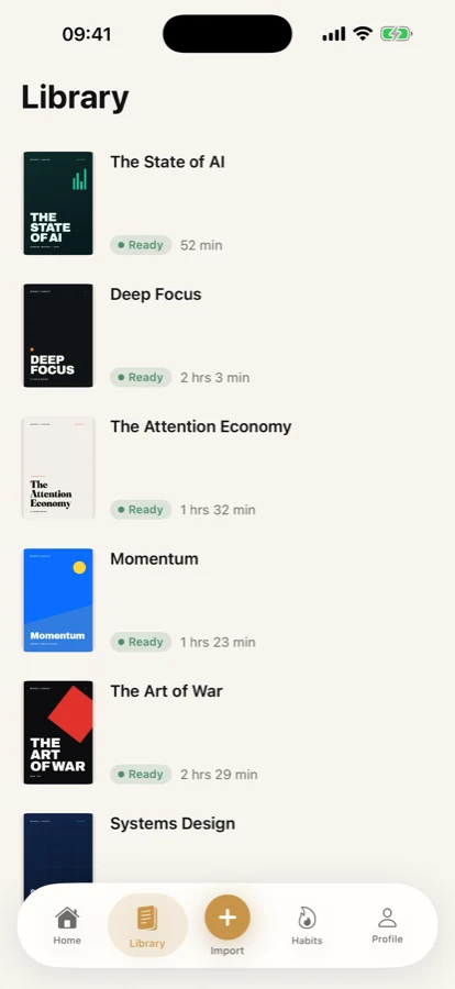 The Mirent library, listing imported books with their listening length.