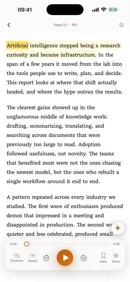 The Mirent reader, highlighting each word of a report as it is read aloud.